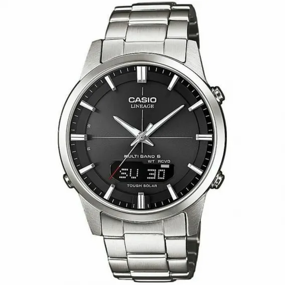 Casio Herrenuhr LINEAGE Multiband 6 Tough Solar Schwarz Silberfarben  40 mm Edelstahl Armbanduhr