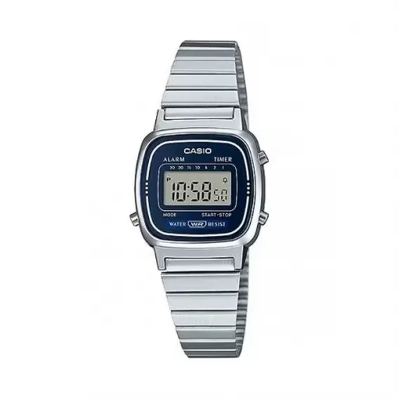 Casio Armbanduhr Damenuhr LADY STEEL Blue  25mm Digital LCD Retro Metallarmband Edelstahl